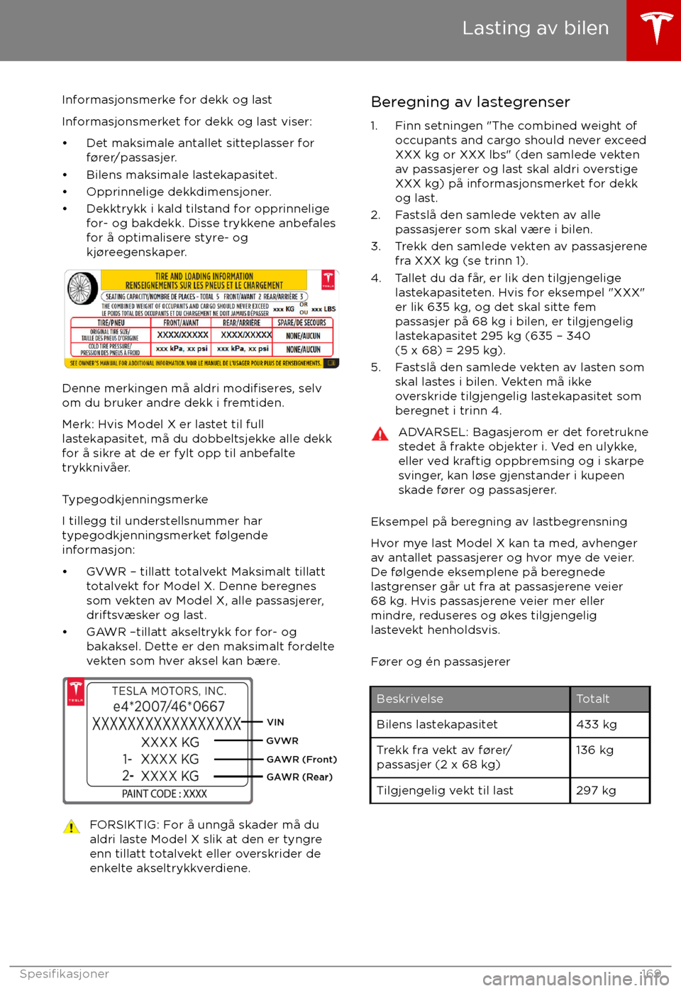 TESLA MODEL X 2017  Brukerhåndbok (in Norwegian) Informasjonsmerke for dekk og lastInformasjonsmerket for dekk og last viser: TESLA MODEL X 2017  Brukerhåndbok (in Norwegian) Informasjonsmerke for dekk og lastInformasjonsmerket for dekk og last viser:
