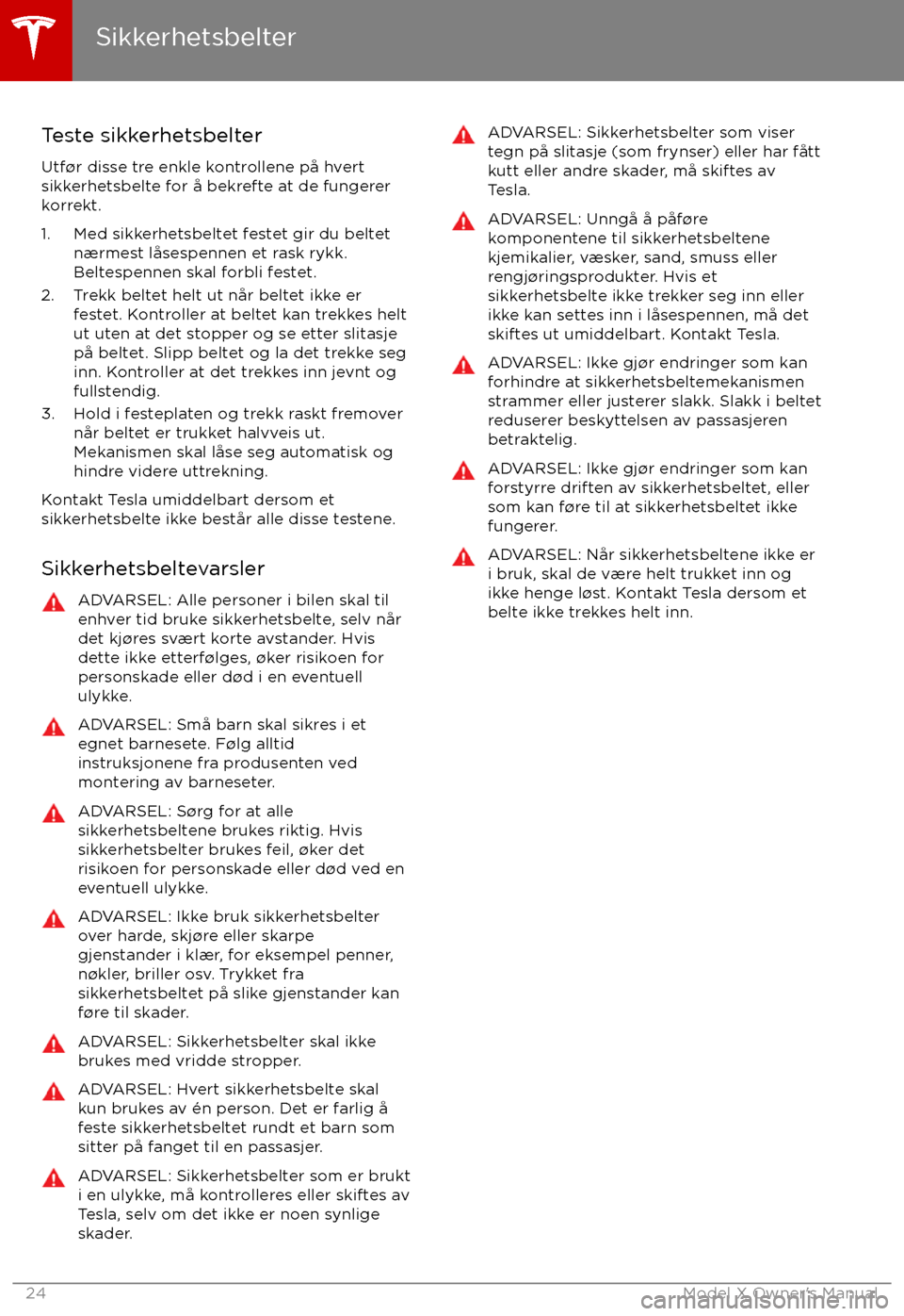 TESLA MODEL X 2017  Brukerhåndbok (in Norwegian) Teste sikkerhetsbelter
Utf
