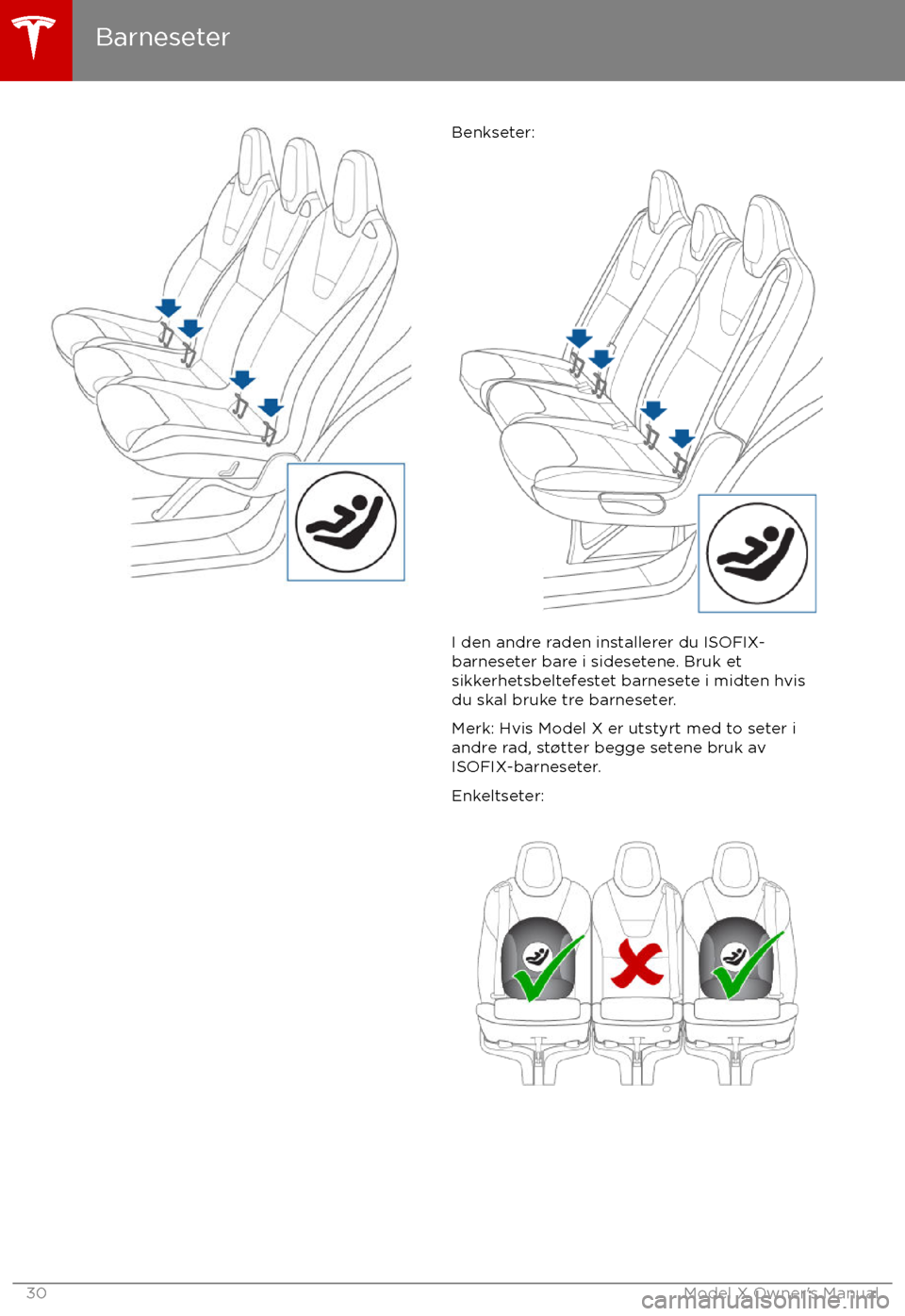 TESLA MODEL X 2017  Brukerhåndbok (in Norwegian) Benkseter:
I den andre raden installerer du ISOFIX-
barneseter bare i sidesetene. Bruk et
sikkerhetsbeltefestet barnesete i midten hvis du skal bruke tre barneseter.
Merk: Hvis Model X er utstyrt med 
