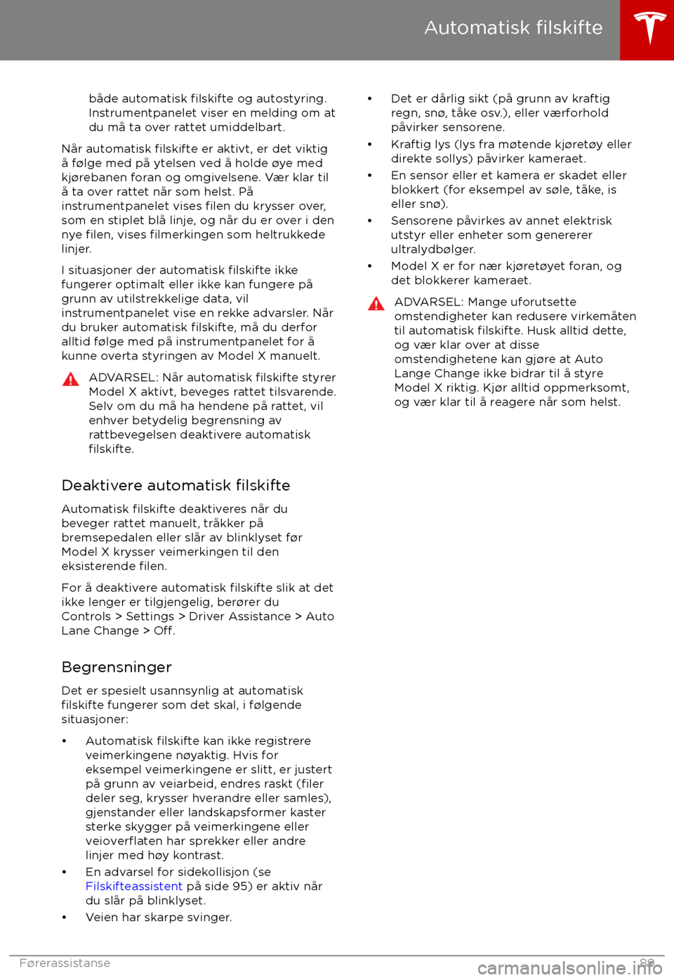 TESLA MODEL X 2017 Brukerhåndbok (in Norwegian) b TESLA MODEL X 2017 Brukerhåndbok (in Norwegian) b