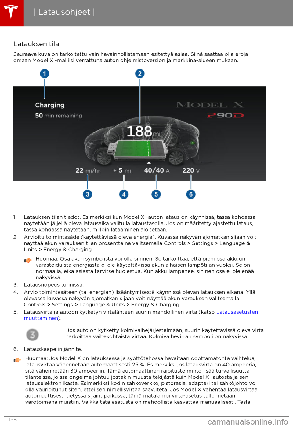 TESLA MODEL X 2017 Omistajan käsikirja (in Finnish) Latauksen tila
Seuraava kuva on tarkoitettu vain havainnollistamaan esitetty TESLA MODEL X 2017 Omistajan käsikirja (in Finnish) Latauksen tila
Seuraava kuva on tarkoitettu vain havainnollistamaan esitetty