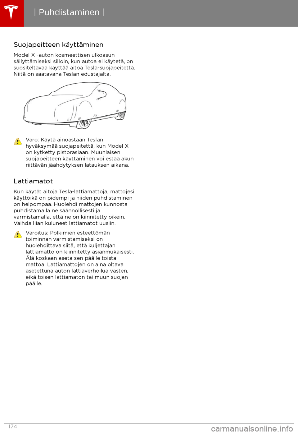 TESLA MODEL X 2017  Omistajan käsikirja (in Finnish) Suojapeitteen k