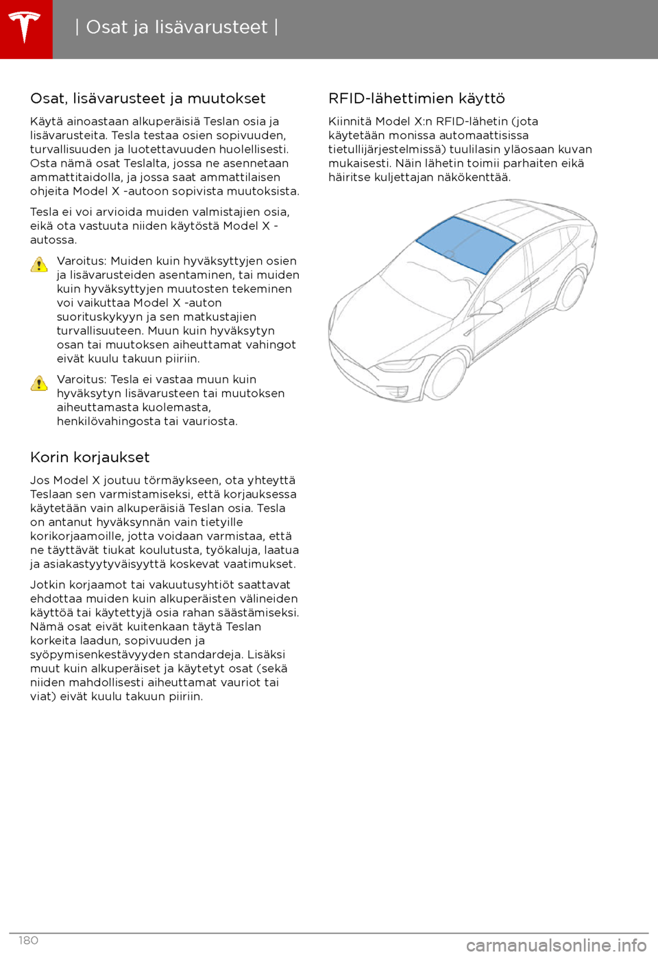 TESLA MODEL X 2017 Omistajan käsikirja (in Finnish) Osat, lis TESLA MODEL X 2017 Omistajan käsikirja (in Finnish) Osat, lis