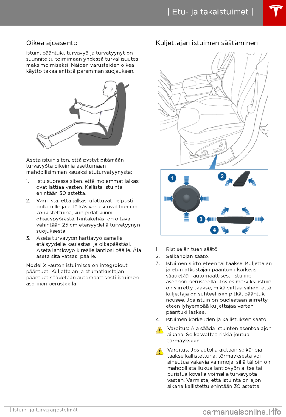 TESLA MODEL X 2017  Omistajan käsikirja (in Finnish) Oikea ajoasentoIstuin, p