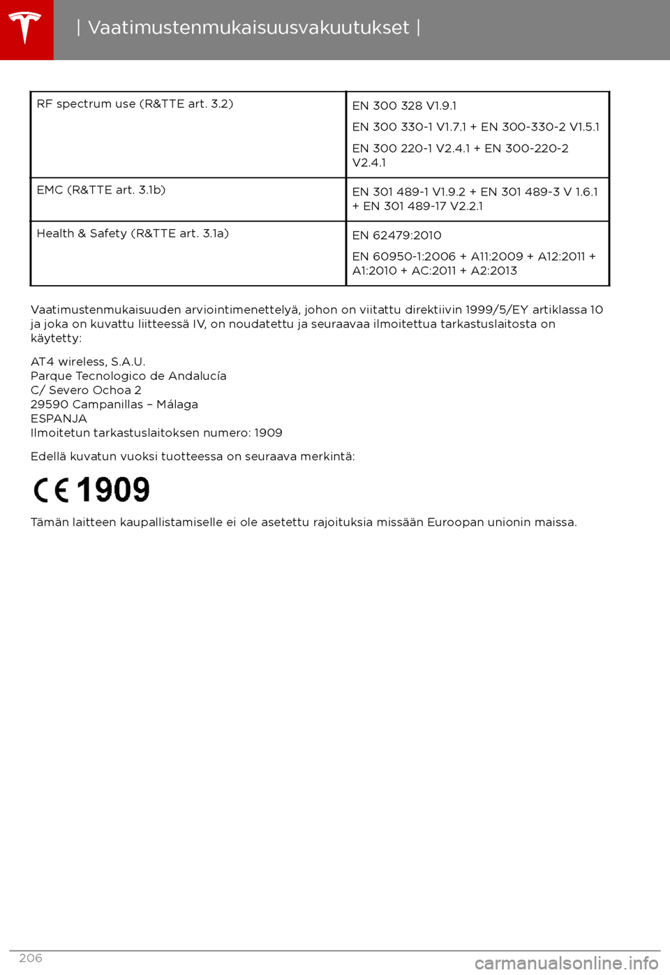 TESLA MODEL X 2017 Omistajan käsikirja (in Finnish) RF spectrum use (R&TTE art. 3.2)EN 300 328 V1.9.1
EN 300 330-1 V1.7.1 + EN 300-330-2 V1.5.1
EN 300 220-1 V2.4.1 + EN 300-220-2
V2.4.1EMC (R&TTE art. 3.1b)EN 301 489-1 V1.9.2 + EN 301 489-3 V 1.6.1
+ E TESLA MODEL X 2017 Omistajan käsikirja (in Finnish) RF spectrum use (R&TTE art. 3.2)EN 300 328 V1.9.1
EN 300 330-1 V1.7.1 + EN 300-330-2 V1.5.1
EN 300 220-1 V2.4.1 + EN 300-220-2
V2.4.1EMC (R&TTE art. 3.1b)EN 301 489-1 V1.9.2 + EN 301 489-3 V 1.6.1
+ E