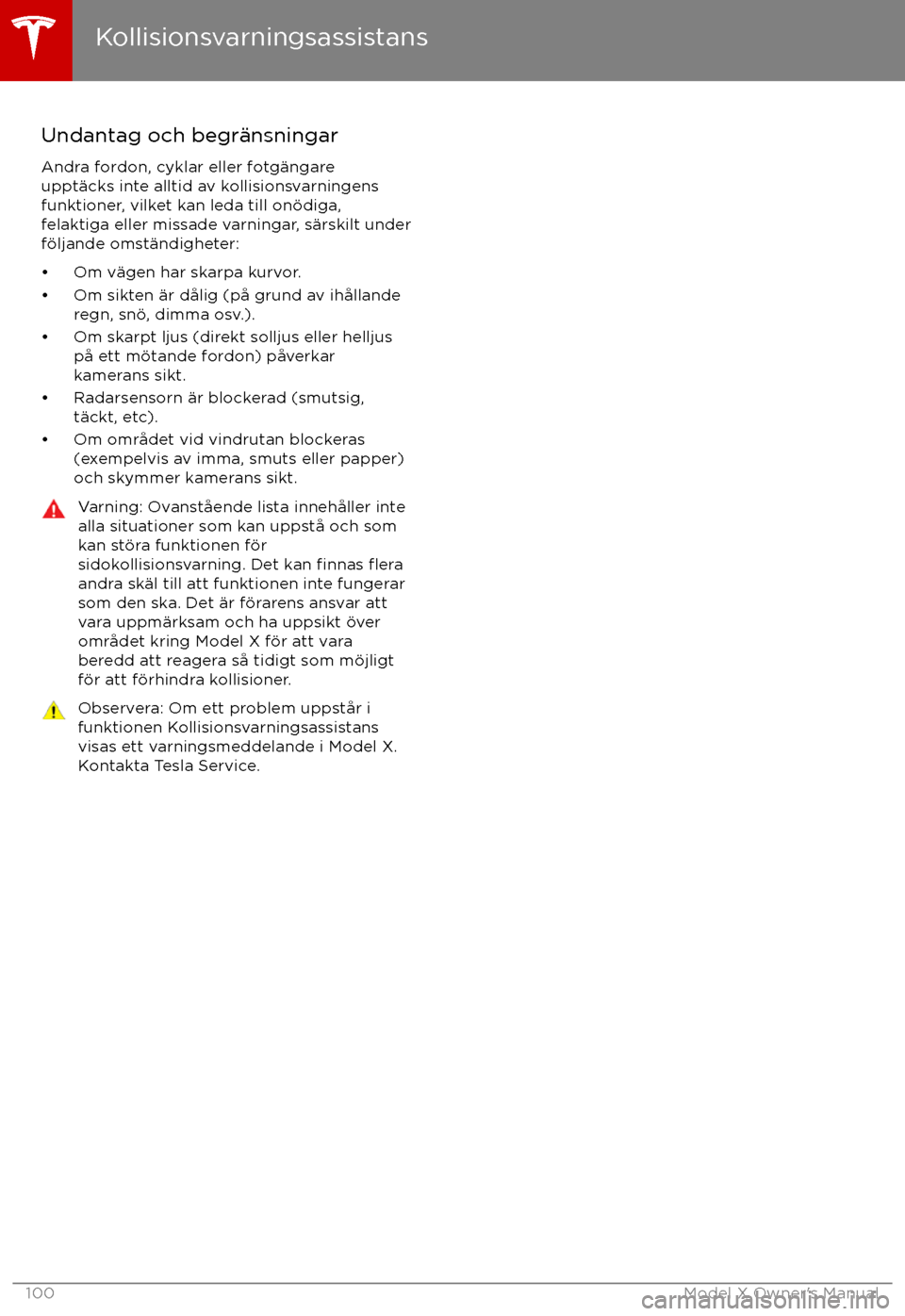 TESLA MODEL X 2017 Ägarmanual (in Swedish) Undantag och begr TESLA MODEL X 2017 Ägarmanual (in Swedish) Undantag och begr