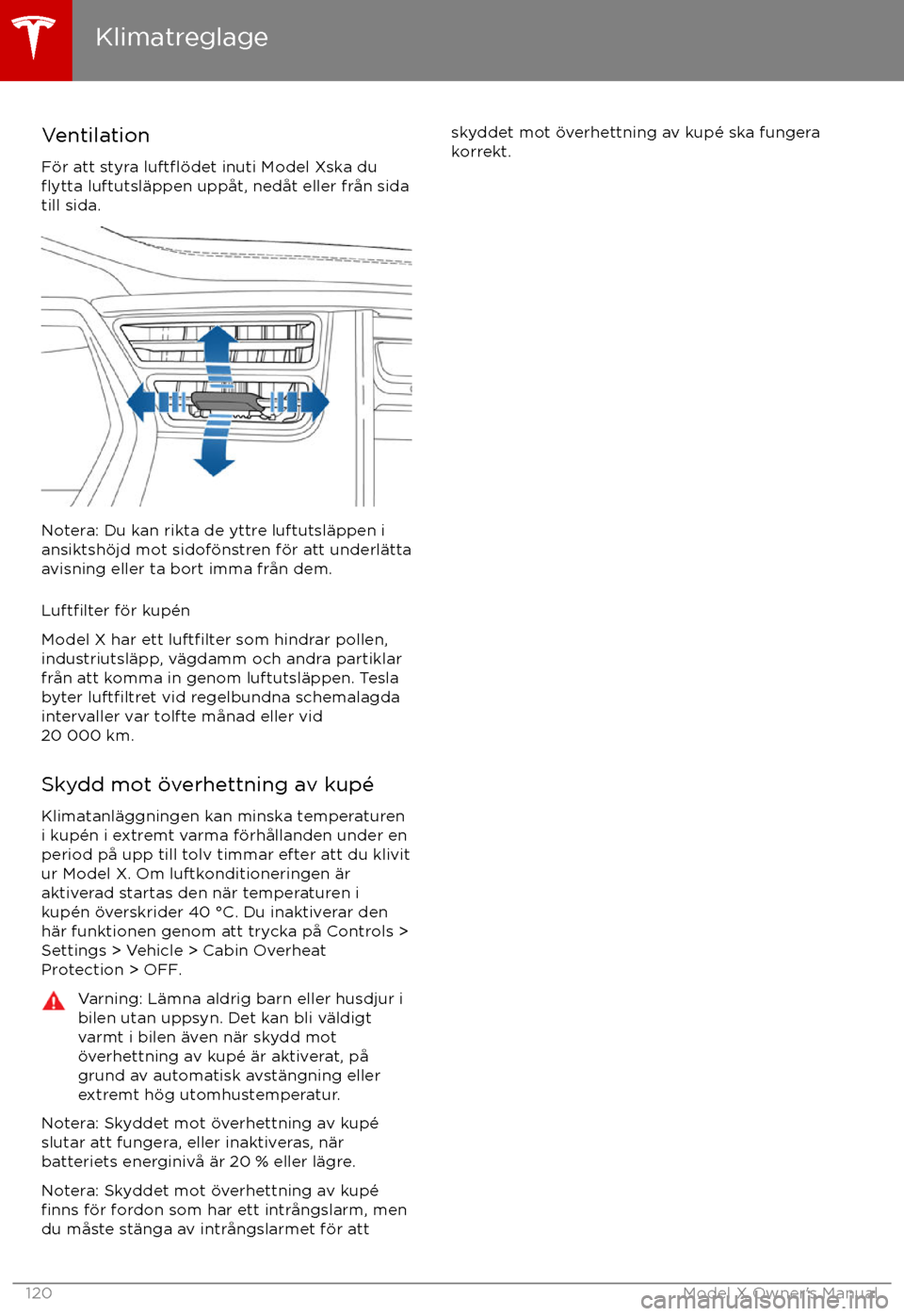 TESLA MODEL X 2017 Ägarmanual (in Swedish) VentilationF TESLA MODEL X 2017 Ägarmanual (in Swedish) VentilationF