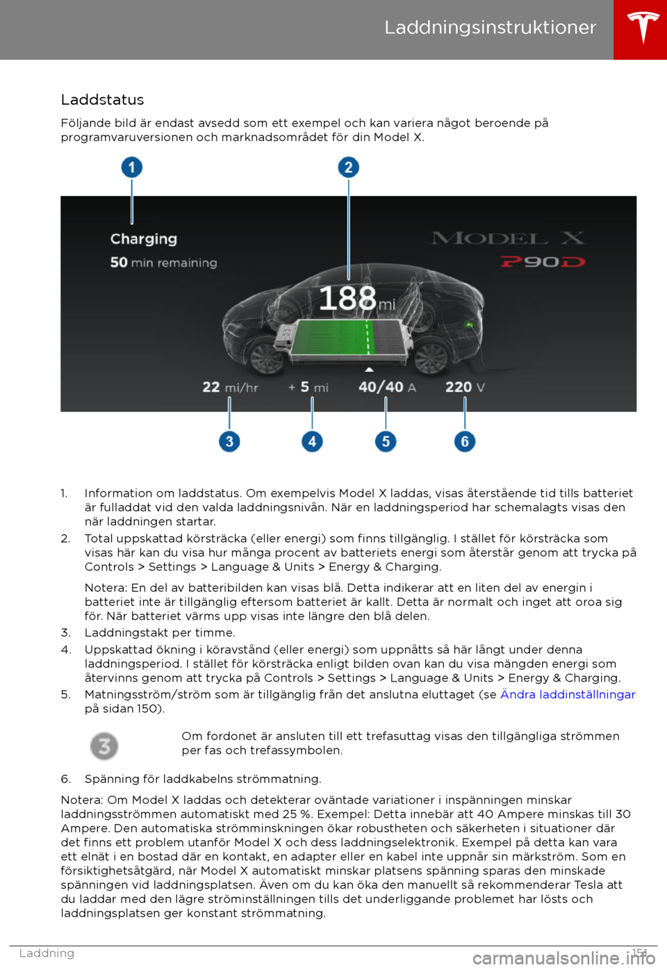 TESLA MODEL X 2017 Ägarmanual (in Swedish) LaddstatusF TESLA MODEL X 2017 Ägarmanual (in Swedish) LaddstatusF