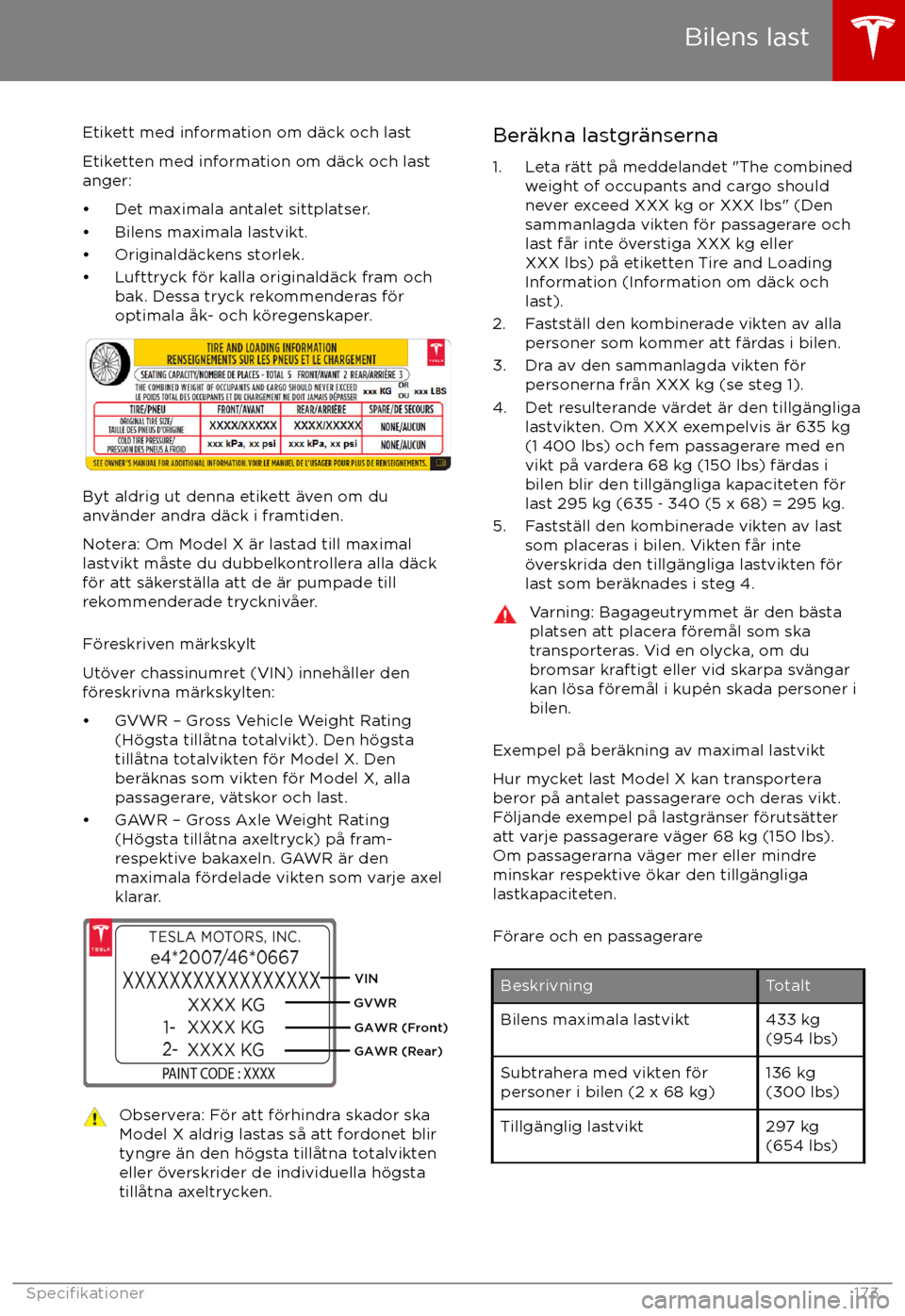 TESLA MODEL X 2017 Ägarmanual (in Swedish) Etikett med information om d TESLA MODEL X 2017 Ägarmanual (in Swedish) Etikett med information om d