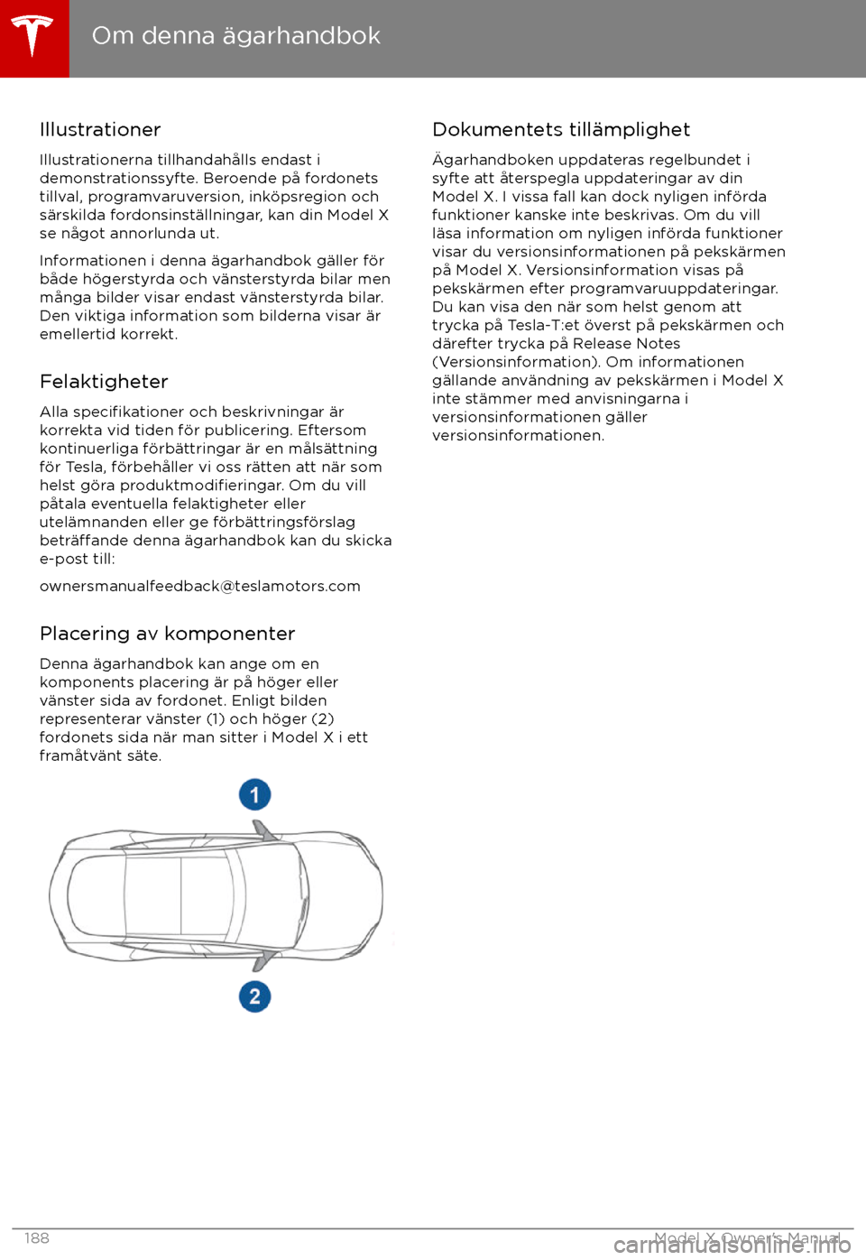 TESLA MODEL X 2017 Ägarmanual (in Swedish) Illustrationer
Illustrationerna tillhandah TESLA MODEL X 2017 Ägarmanual (in Swedish) Illustrationer
Illustrationerna tillhandah