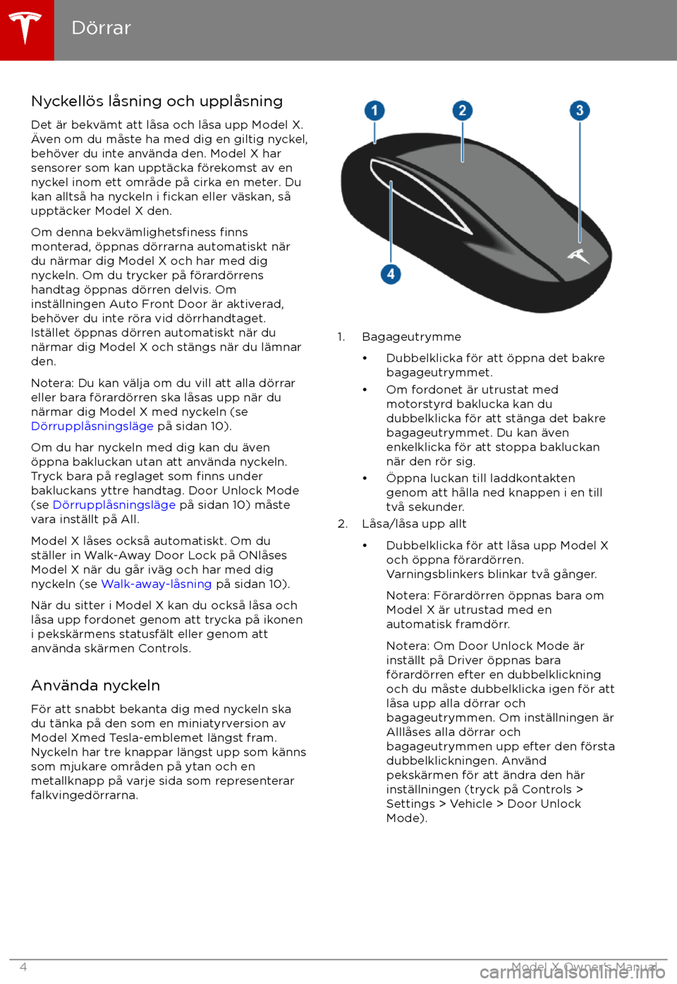 TESLA MODEL X 2017 Ägarmanual (in Swedish) Nyckell TESLA MODEL X 2017 Ägarmanual (in Swedish) Nyckell