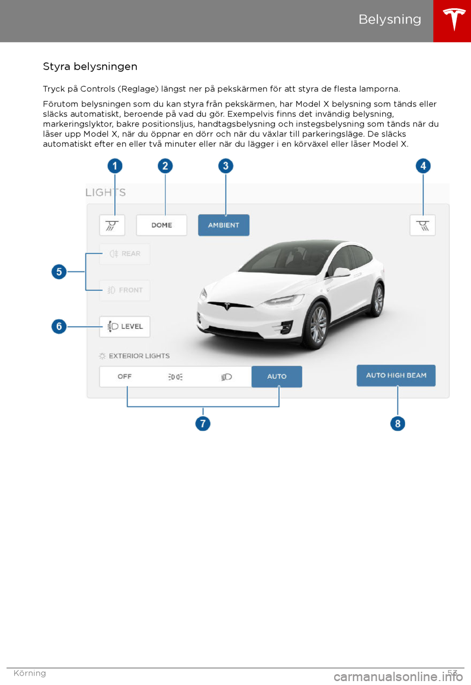 TESLA MODEL X 2017 Ägarmanual (in Swedish) Styra belysningen
Tryck p TESLA MODEL X 2017 Ägarmanual (in Swedish) Styra belysningen
Tryck p