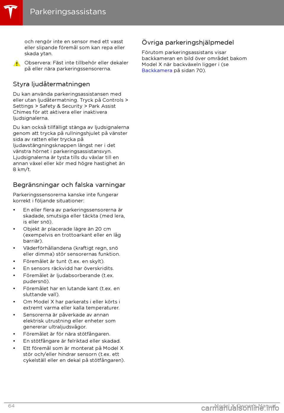 TESLA MODEL X 2017 Ägarmanual (in Swedish) och reng TESLA MODEL X 2017 Ägarmanual (in Swedish) och reng