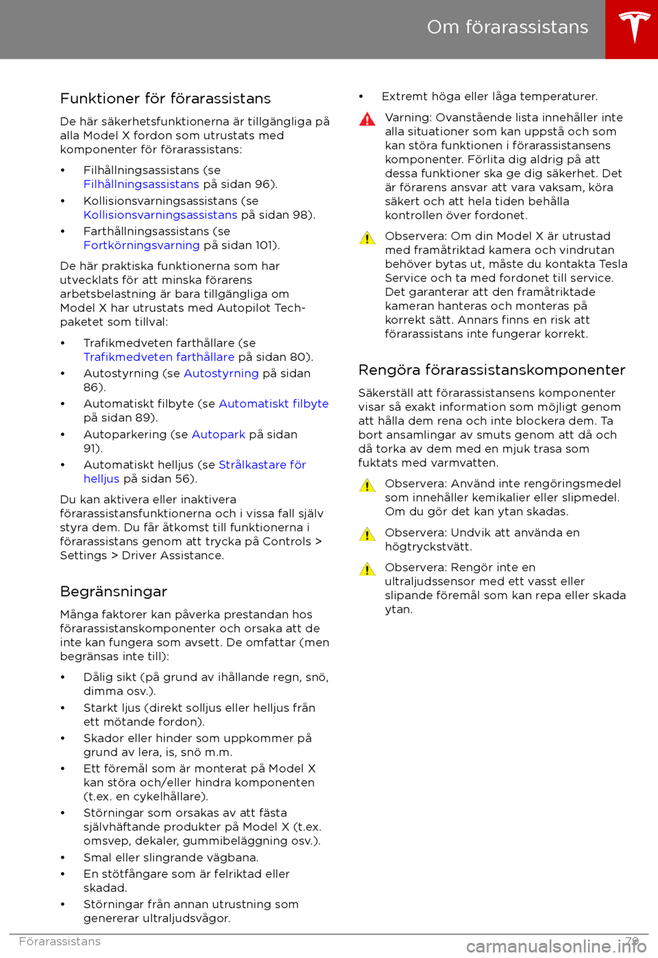 TESLA MODEL X 2017 Ägarmanual (in Swedish) Funktioner f TESLA MODEL X 2017 Ägarmanual (in Swedish) Funktioner f