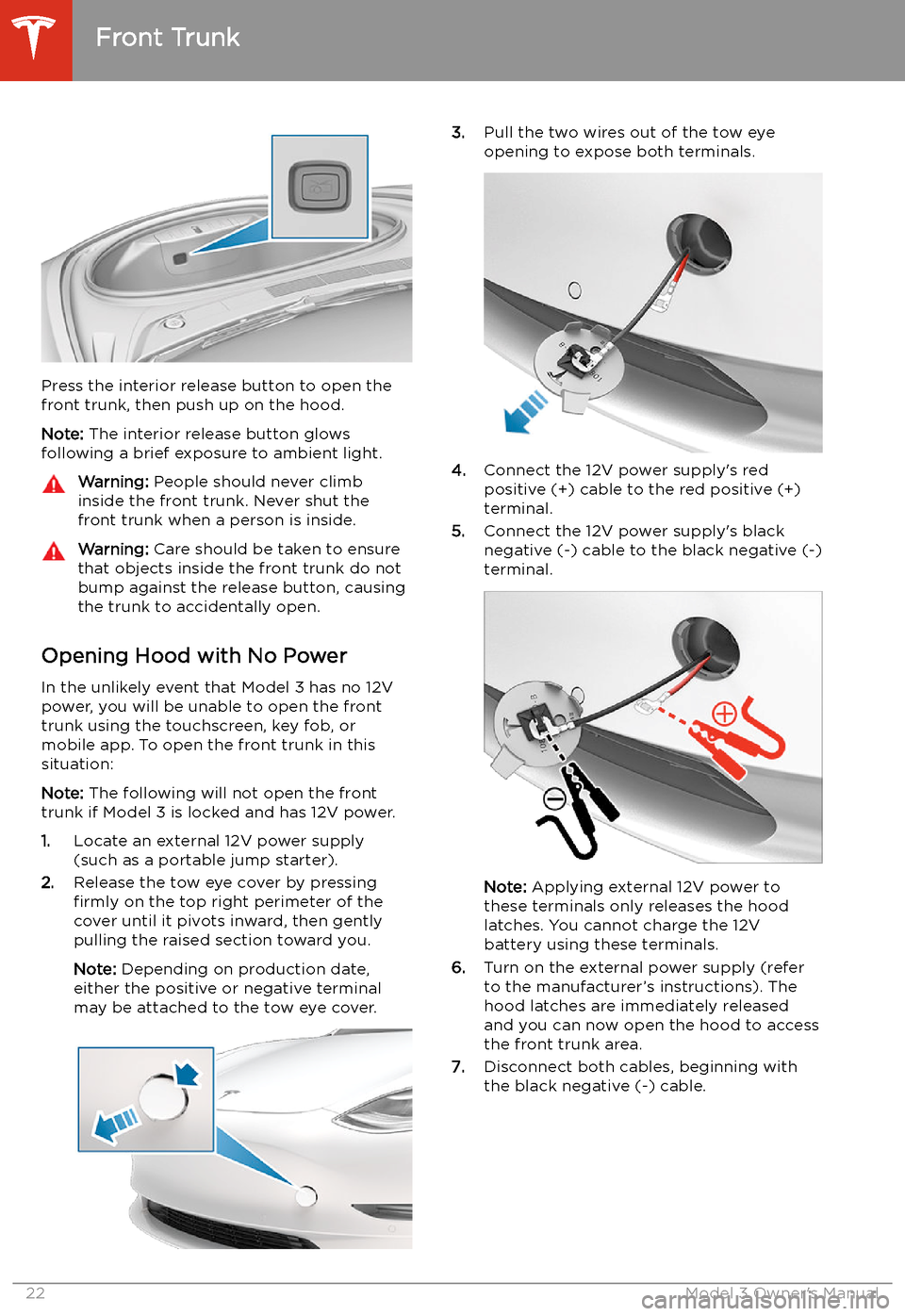 TESLA MODEL 3 2020  Owners Manuals Press the interior release button to open the
front trunk, then push up on the hood.
Note:  The interior release button glows
following a brief exposure to ambient light.
Warning:  People should never