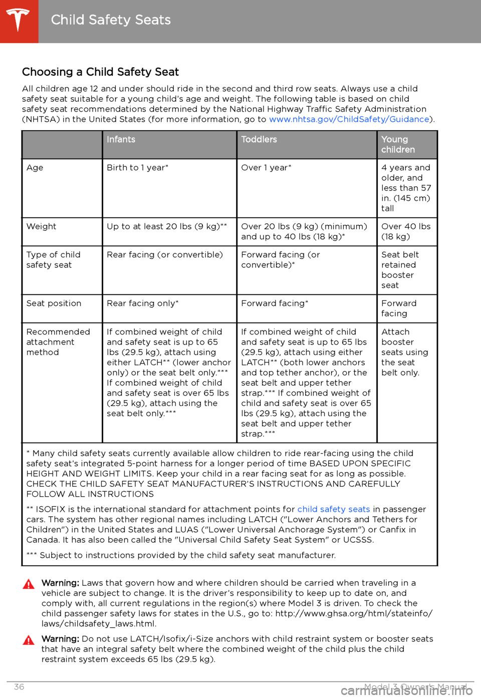 TESLA MODEL 3 2020  s User Guide Choosing a Child Safety SeatAll children age 12 and under should ride in the second and third row seats. Always use a child
safety seat suitable for a young child’s age and weight. The following tab