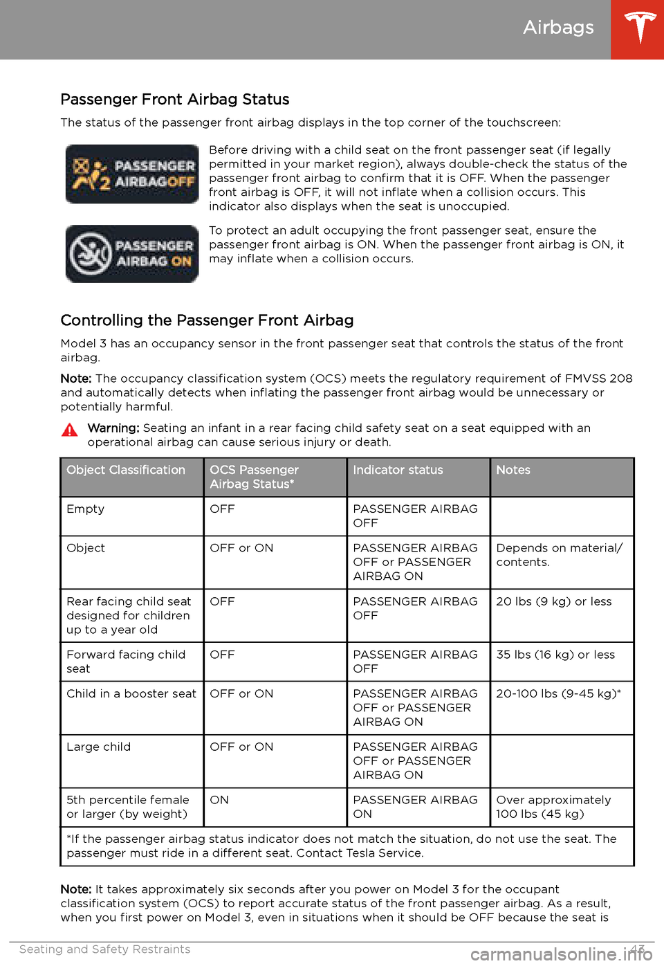 TESLA MODEL 3 2020  s Service Manual Passenger Front Airbag Status
The status of the passenger front airbag displays in the top corner of the touchscreen:Before driving with a child seat on the front passenger seat (if legally
permitted 