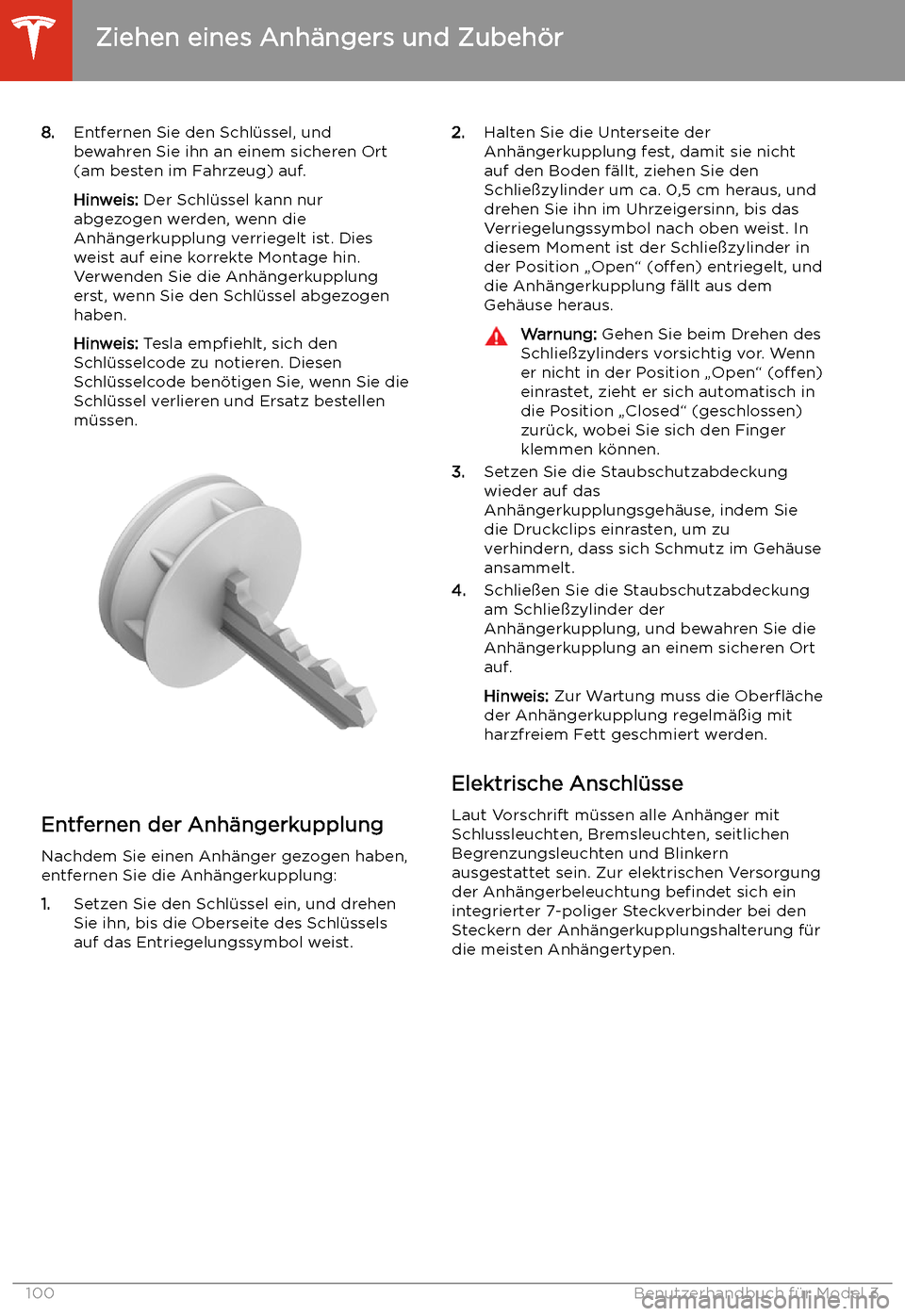 TESLA MODEL 3 2020 Betriebsanleitung 8.Entfernen Sie den Schl TESLA MODEL 3 2020 Betriebsanleitung 8.Entfernen Sie den Schl