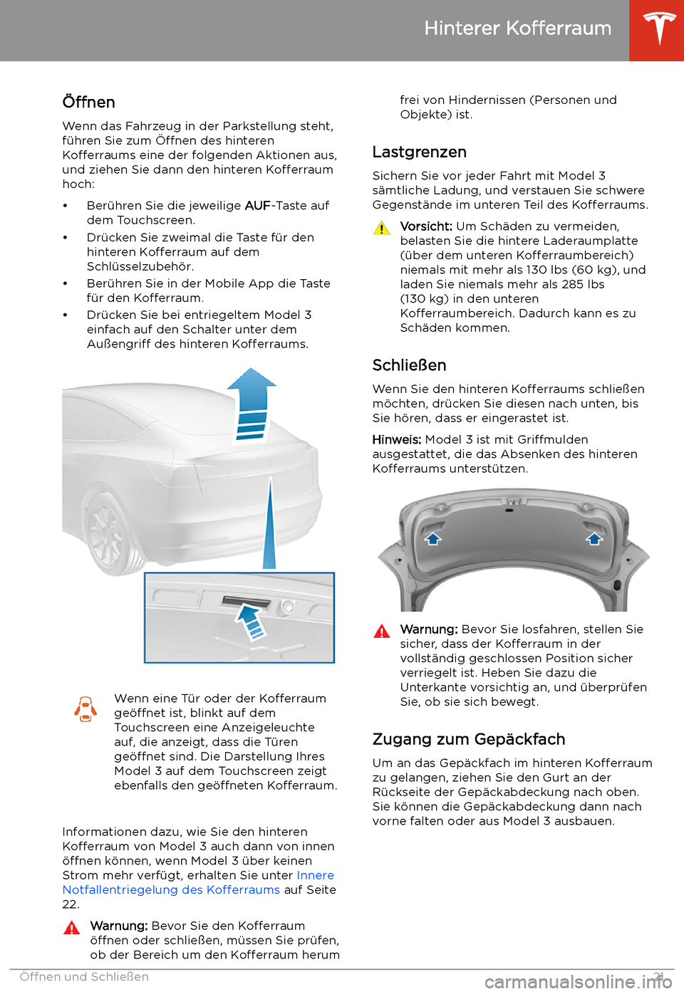 TESLA MODEL 3 2020  Betriebsanleitung Hinterer 
Kofferraum
