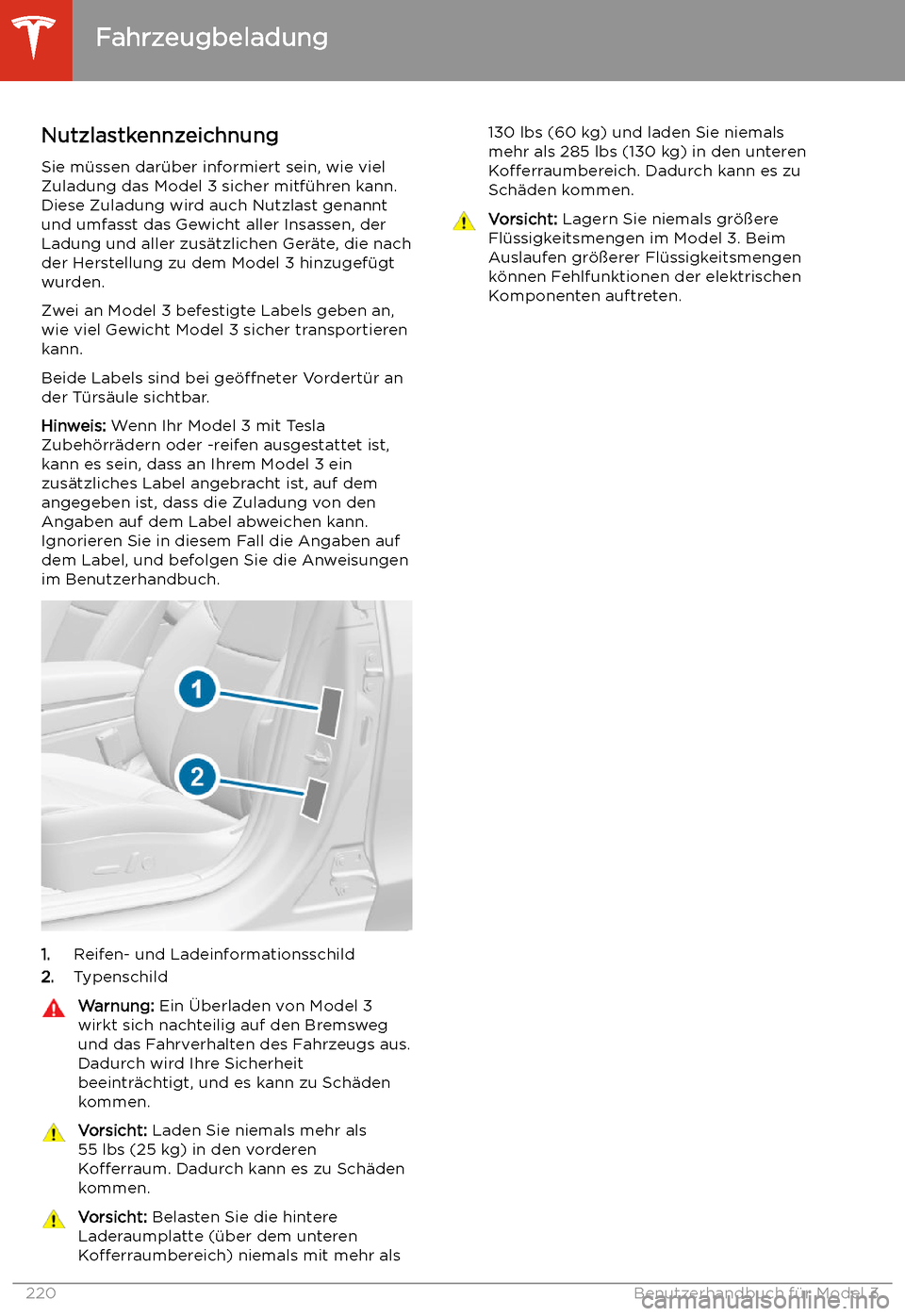 TESLA MODEL 3 2020  Betriebsanleitung Fahrzeugbeladung
Nutzlastkennzeichnung
Sie m