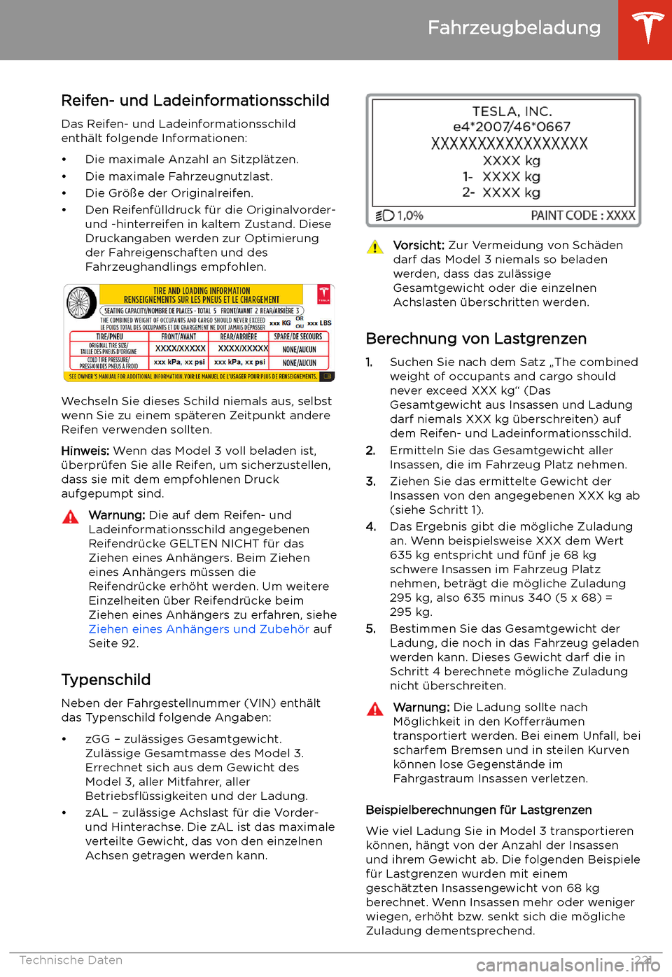 TESLA MODEL 3 2020  Betriebsanleitung Reifen- und LadeinformationsschildDas Reifen- und Ladeinformationsschild
enth