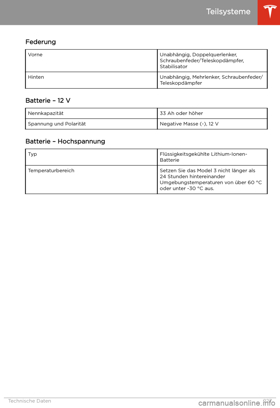 TESLA MODEL 3 2020  Betriebsanleitung FederungVorneUnabh