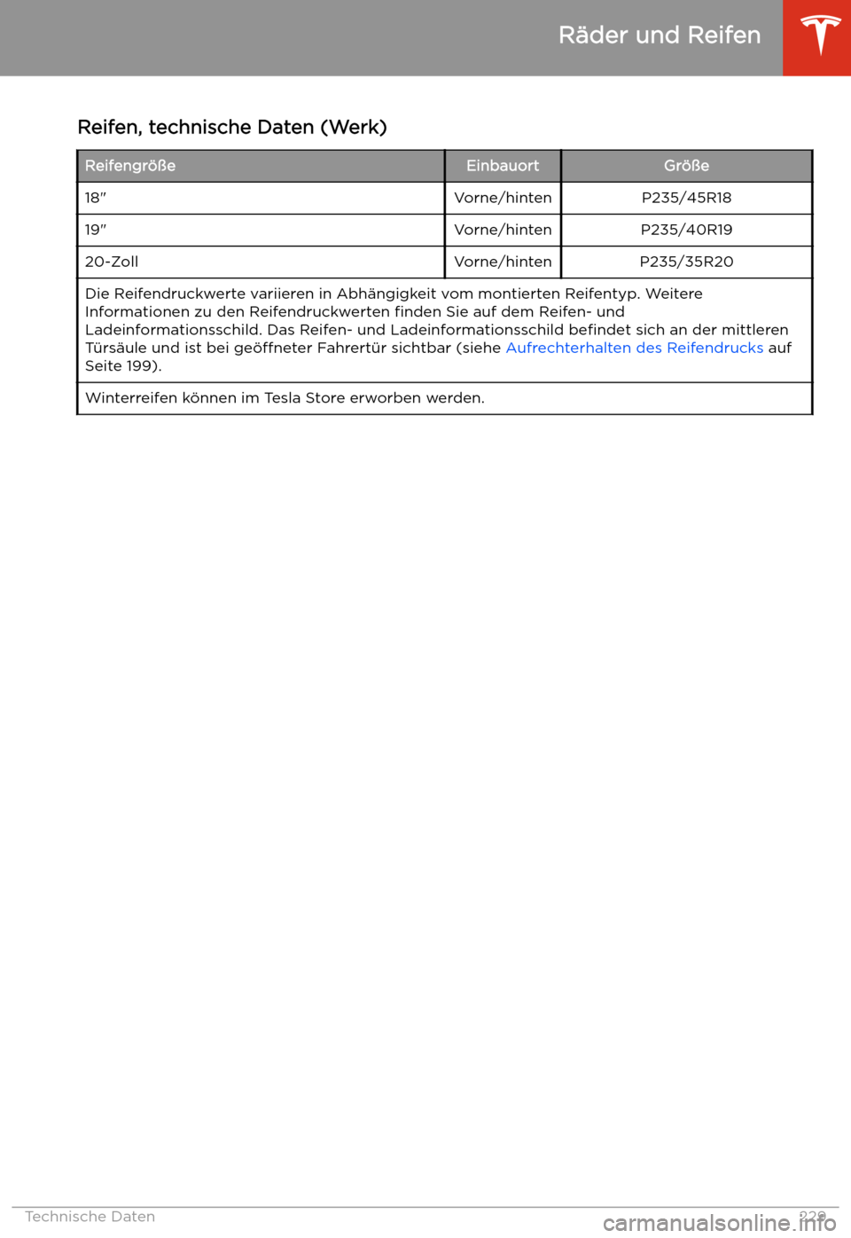 TESLA MODEL 3 2020  Betriebsanleitung Reifen, technische Daten (Werk)Reifengr