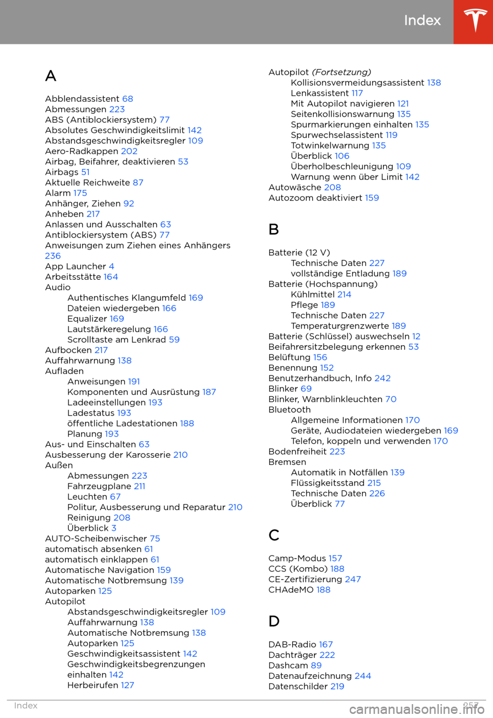 TESLA MODEL 3 2020  Betriebsanleitung Index
A Abblendassistent  68
Abmessungen  223
ABS (Antiblockiersystem)  77
Absolutes Geschwindigkeitslimit  142
Abstandsgeschwindigkeitsregler  109
Aero-Radkappen  202
Airbag, Beifahrer, deaktivieren 