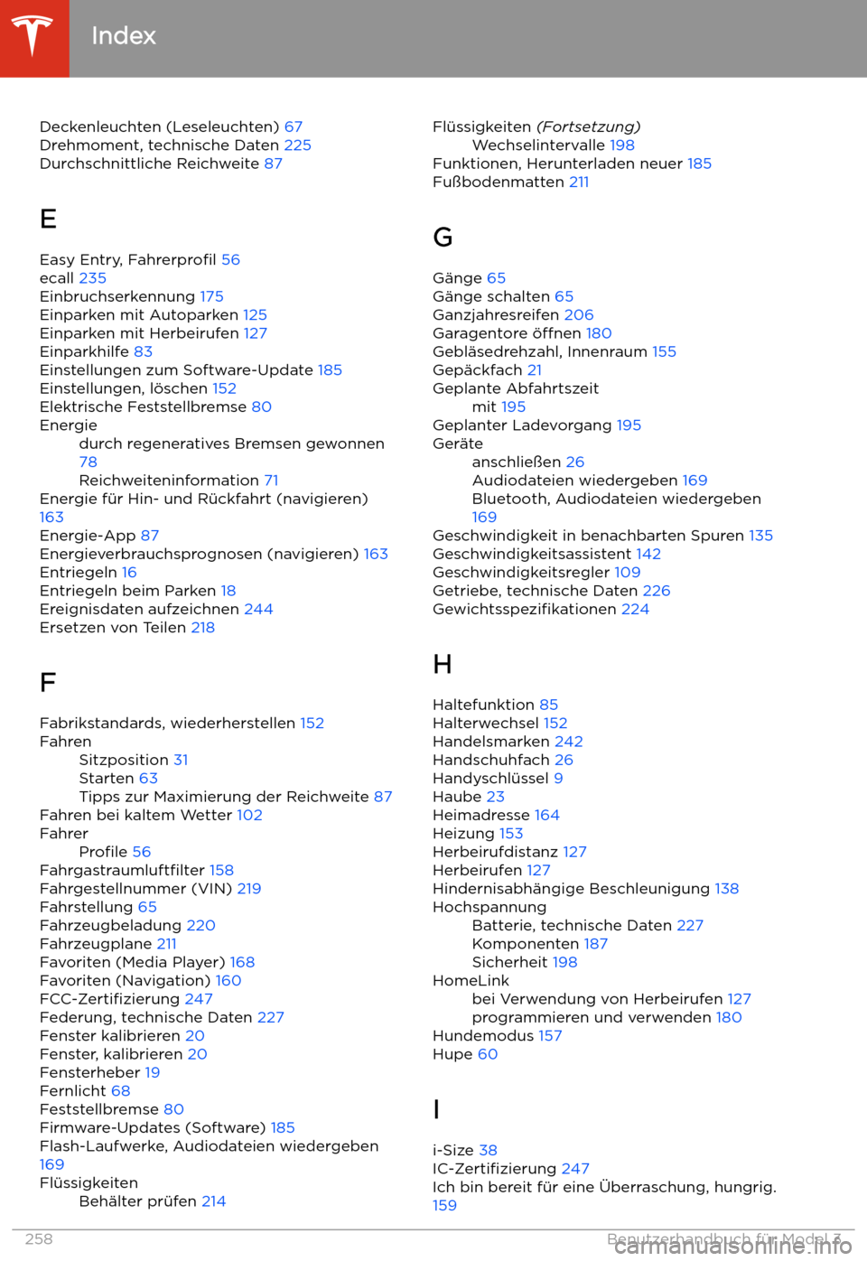 TESLA MODEL 3 2020  Betriebsanleitung Deckenleuchten (Leseleuchten) 67
Drehmoment, technische Daten  225
Durchschnittliche Reichweite  87
E
Easy Entry,  Fahrerprofil  56
ecall  235
Einbruchserkennung  175
Einparken mit Autoparken  125
Ein
