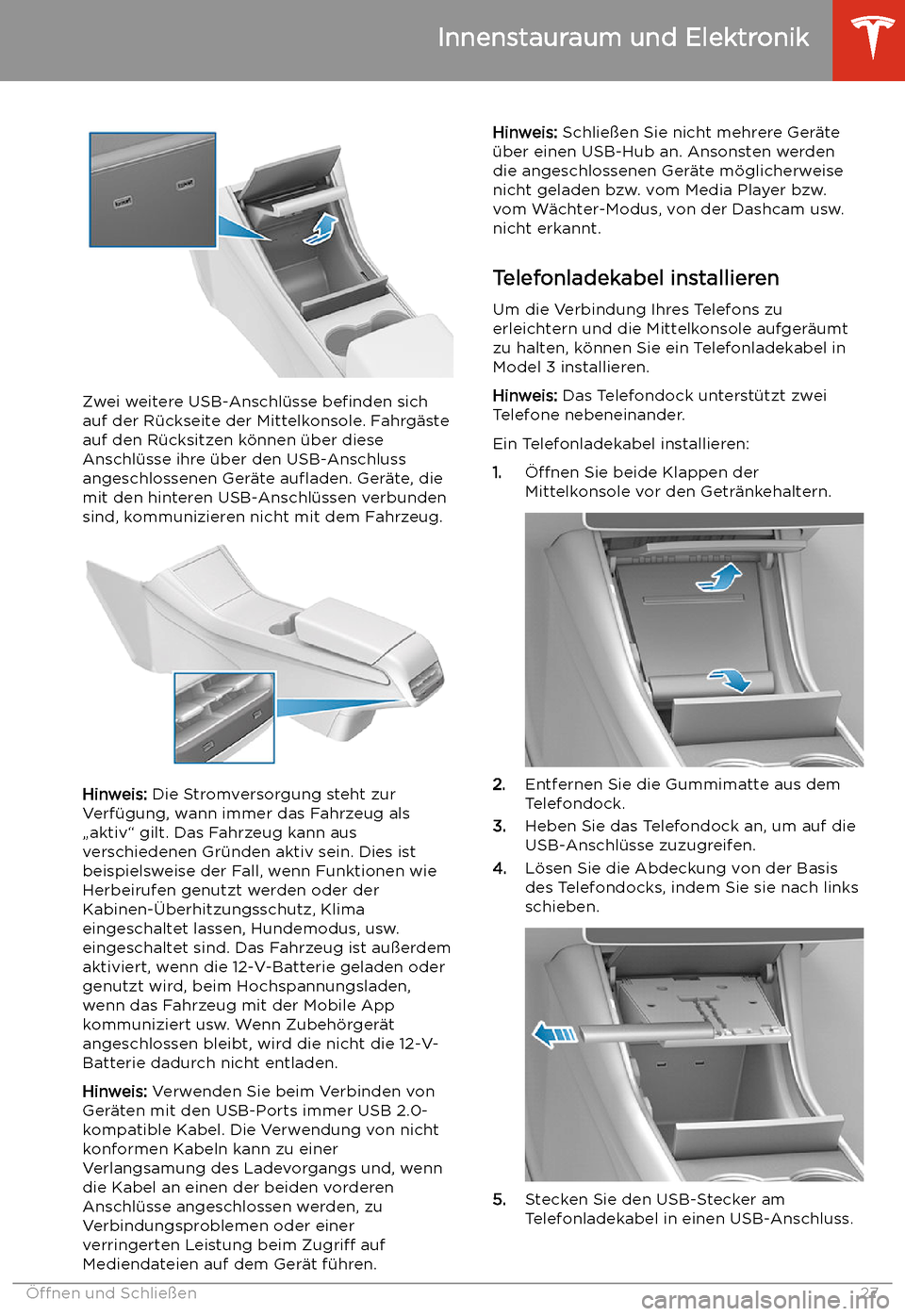 TESLA MODEL 3 2020  Betriebsanleitung Zwei weitere USB-Anschl