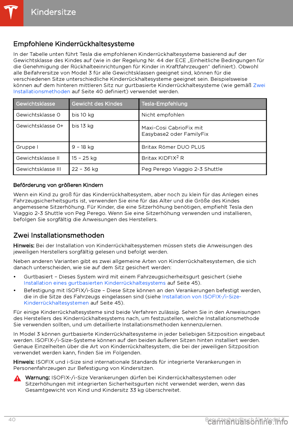 TESLA MODEL 3 2020  Betriebsanleitung Empfohlene Kinderr