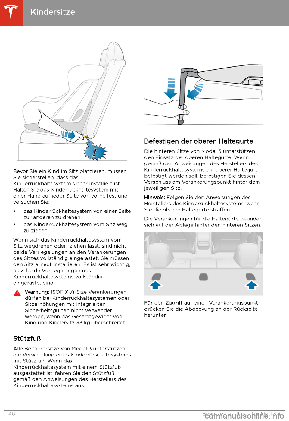 TESLA MODEL 3 2020  Betriebsanleitung Bevor Sie ein Kind im Sitz platzieren, m