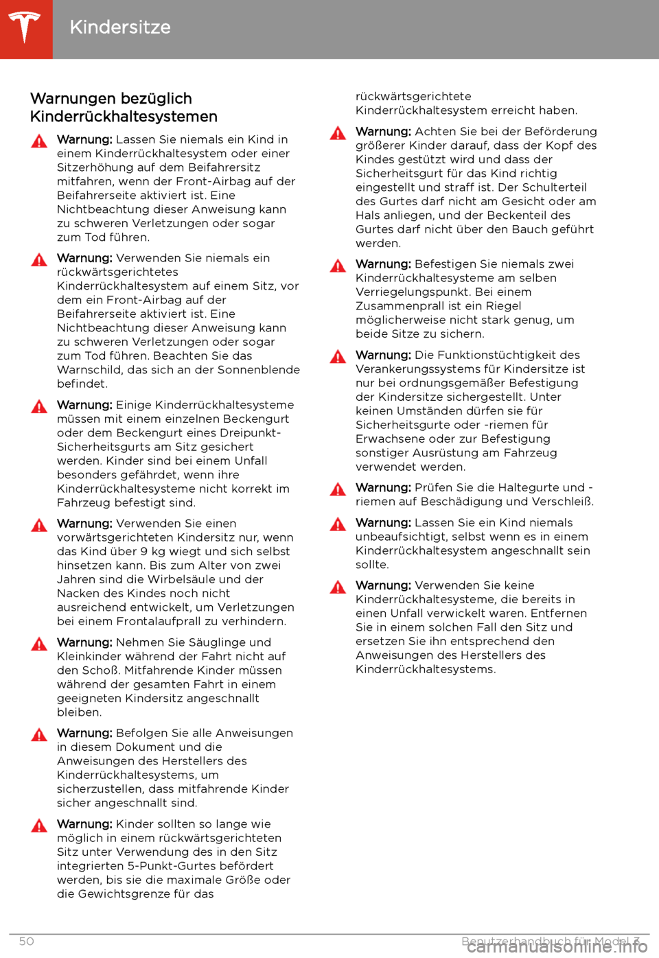 TESLA MODEL 3 2020  Betriebsanleitung Warnungen bez