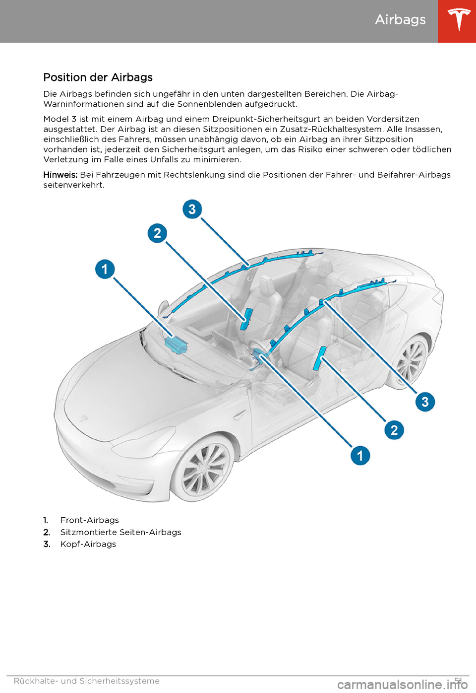 TESLA MODEL 3 2020 Betriebsanleitung Airbags
Position der Airbags Die Airbags befinden sich ungef TESLA MODEL 3 2020 Betriebsanleitung Airbags
Position der Airbags Die Airbags befinden sich ungef