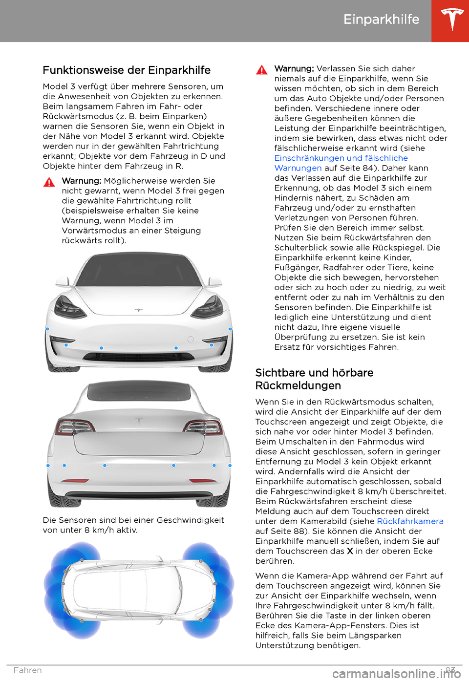 TESLA MODEL 3 2020 Betriebsanleitung Einparkhilfe
Funktionsweise der Einparkhilfe Model 3 verf TESLA MODEL 3 2020 Betriebsanleitung Einparkhilfe
Funktionsweise der Einparkhilfe Model 3 verf