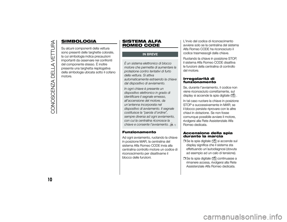 Alfa Romeo 4C 2013 Libretto Uso Manutenzione (in Italian) SIMBOLOGIASu alcuni componenti della vettura
sono presenti delle targhette colorate,
la cui simbologia indica precauzioni
importanti da osservare nei confronti
del componente stesso. È inoltre
presen Alfa Romeo 4C 2013 Libretto Uso Manutenzione (in Italian) SIMBOLOGIASu alcuni componenti della vettura
sono presenti delle targhette colorate,
la cui simbologia indica precauzioni
importanti da osservare nei confronti
del componente stesso. È inoltre
presen