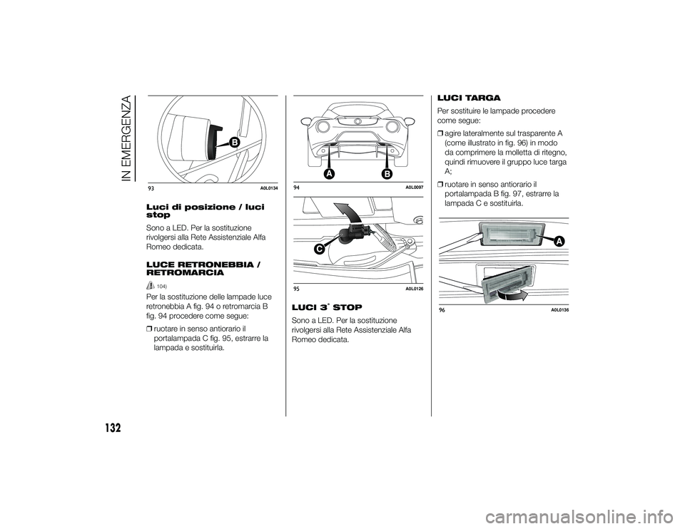 Alfa Romeo 4C 2013 Libretto Uso Manutenzione (in Italian) Luci di posizione / luci
stop
Sono a LED. Per la sostituzione
rivolgersi alla Rete Assistenziale Alfa
Romeo dedicata.
LUCE RETRONEBBIA /
RETROMARCIA
104)
Per la sostituzione delle lampade luce
retrone Alfa Romeo 4C 2013 Libretto Uso Manutenzione (in Italian) Luci di posizione / luci
stop
Sono a LED. Per la sostituzione
rivolgersi alla Rete Assistenziale Alfa
Romeo dedicata.
LUCE RETRONEBBIA /
RETROMARCIA
104)
Per la sostituzione delle lampade luce
retrone