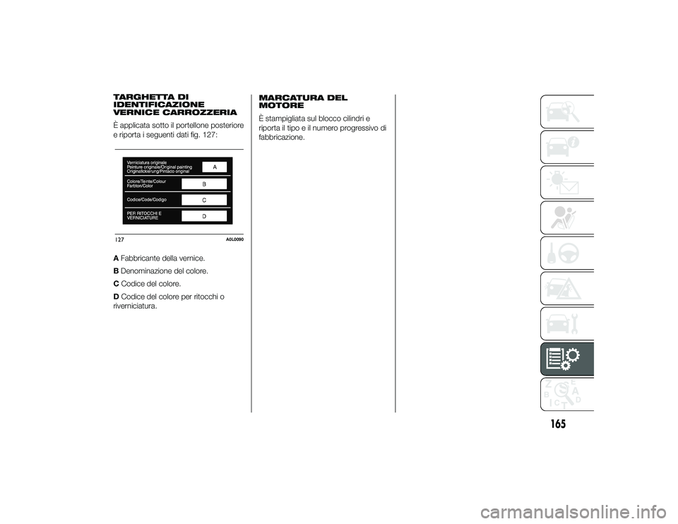 Alfa Romeo 4C 2013 Libretto Uso Manutenzione (in Italian) TARGHETTA DI
IDENTIFICAZIONE
VERNICE CARROZZERIA
È applicata sotto il portellone posteriore
e riporta i seguenti dati fig. 127:
AFabbricante della vernice.
B Denominazione del colore.
C Codice del co Alfa Romeo 4C 2013 Libretto Uso Manutenzione (in Italian) TARGHETTA DI
IDENTIFICAZIONE
VERNICE CARROZZERIA
È applicata sotto il portellone posteriore
e riporta i seguenti dati fig. 127:
AFabbricante della vernice.
B Denominazione del colore.
C Codice del co