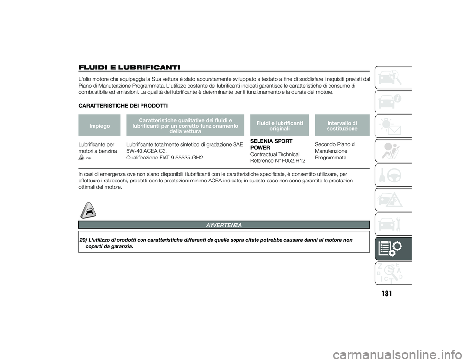 Alfa Romeo 4C 2013 Libretto Uso Manutenzione (in Italian) FLUIDI E LUBRIFICANTIL'olio motore che equipaggia la ua vettura è stato accuratamente sviluppato e testato al fine di soddisfare i requisiti previsti dalPiano di Manutenzione Programmata. L'u Alfa Romeo 4C 2013 Libretto Uso Manutenzione (in Italian) FLUIDI E LUBRIFICANTIL'olio motore che equipaggia la ua vettura è stato accuratamente sviluppato e testato al fine di soddisfare i requisiti previsti dalPiano di Manutenzione Programmata. L'u