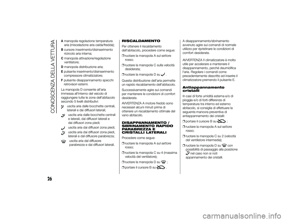 Alfa Romeo 4C 2013 Libretto Uso Manutenzione (in Italian) Amanopola regolazione temperatura
aria (miscelazione aria calda/fredda);Bcursore inserimento/disinserimento
ricircolo aria interna;Cmanopola attivazione/regolazione
ventilatore;Dmanopola distribuzione Alfa Romeo 4C 2013 Libretto Uso Manutenzione (in Italian) Amanopola regolazione temperatura
aria (miscelazione aria calda/fredda);Bcursore inserimento/disinserimento
ricircolo aria interna;Cmanopola attivazione/regolazione
ventilatore;Dmanopola distribuzione