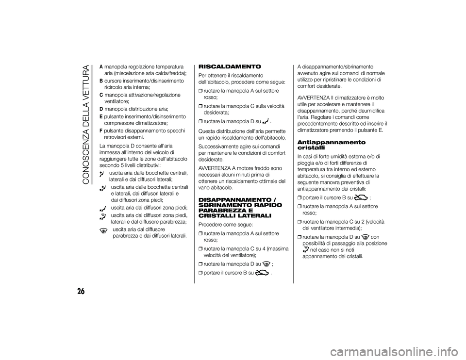 Alfa Romeo 4C 2013  Libretto Uso Manutenzione (in Italian) Amanopola regolazione temperatura
aria (miscelazione aria calda/fredda);Bcursore inserimento/disinserimento
ricircolo aria interna;Cmanopola attivazione/regolazione
ventilatore;Dmanopola distribuzione