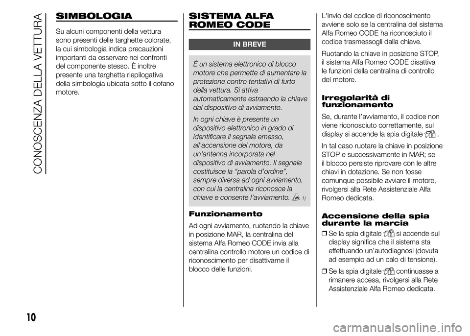 Alfa Romeo 4C 2015 Libretto Uso Manutenzione (in Italian) SIMBOLOGIA
Su alcuni componenti della vettura
sono presenti delle targhette colorate,
la cui simbologia indica precauzioni
importanti da osservare nei confronti
del componente stesso. È inoltre
prese Alfa Romeo 4C 2015 Libretto Uso Manutenzione (in Italian) SIMBOLOGIA
Su alcuni componenti della vettura
sono presenti delle targhette colorate,
la cui simbologia indica precauzioni
importanti da osservare nei confronti
del componente stesso. È inoltre
prese