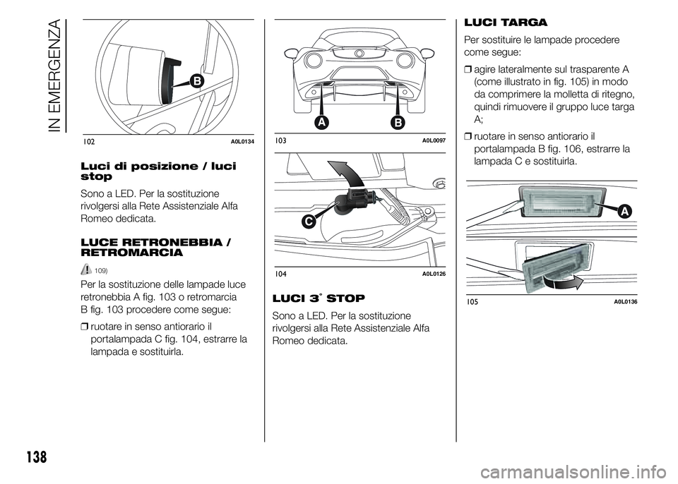 Alfa Romeo 4C 2015  Libretto Uso Manutenzione (in Italian) Luci di posizione / luci
stop
Sono a LED. Per la sostituzione
rivolgersi alla Rete Assistenziale Alfa
Romeo dedicata.
LUCE RETRONEBBIA /
RETROMARCIA
109)
Per la sostituzione delle lampade luce
retrone