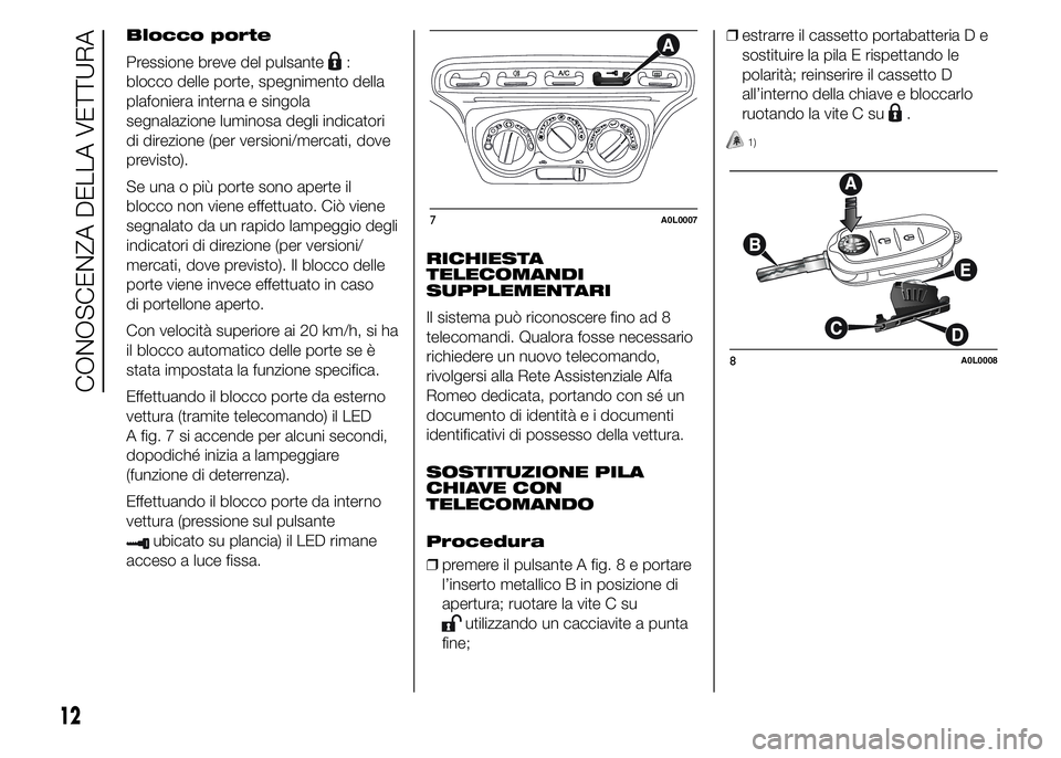 Alfa Romeo 4C 2015 Libretto Uso Manutenzione (in Italian) Blocco porte
Pressione breve del pulsante
:
blocco delle porte, spegnimento della
plafoniera interna e singola
segnalazione luminosa degli indicatori
di direzione (per versioni/mercati, dove
previsto) Alfa Romeo 4C 2015 Libretto Uso Manutenzione (in Italian) Blocco porte
Pressione breve del pulsante
:
blocco delle porte, spegnimento della
plafoniera interna e singola
segnalazione luminosa degli indicatori
di direzione (per versioni/mercati, dove
previsto)