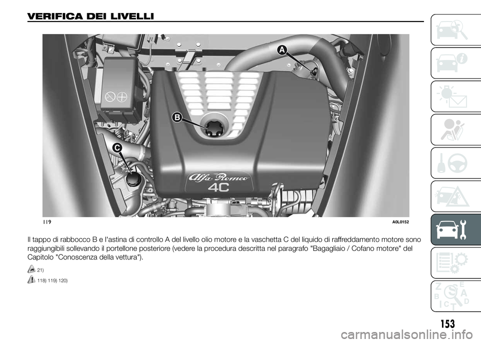 Alfa Romeo 4C 2015  Libretto Uso Manutenzione (in Italian) VERIFICA DEI LIVELLI.
Il tappo di rabbocco B e l'astina di controllo A del livello olio motore e la vaschetta C del liquido di raffreddamento motore sono
raggiungibili sollevando il portellone pos