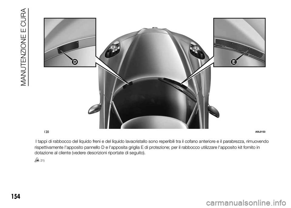 Alfa Romeo 4C 2015  Libretto Uso Manutenzione (in Italian) I tappi di rabbocco del liquido freni e del liquido lavacristallo sono reperibili tra il cofano anteriore e il parabrezza, rimuovendo
rispettivamente l'apposito pannello D e l'apposita griglia