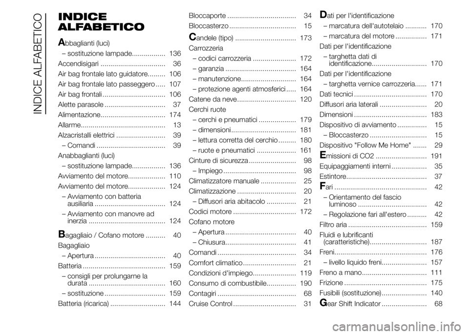 Alfa Romeo 4C 2015  Libretto Uso Manutenzione (in Italian) INDICE
ALFABETICO
A
bbaglianti (luci)
– sostituzione lampade................. 136
Accendisigari ................................. 36
Air bag frontale lato guidatore......... 106
Air bag frontale lat