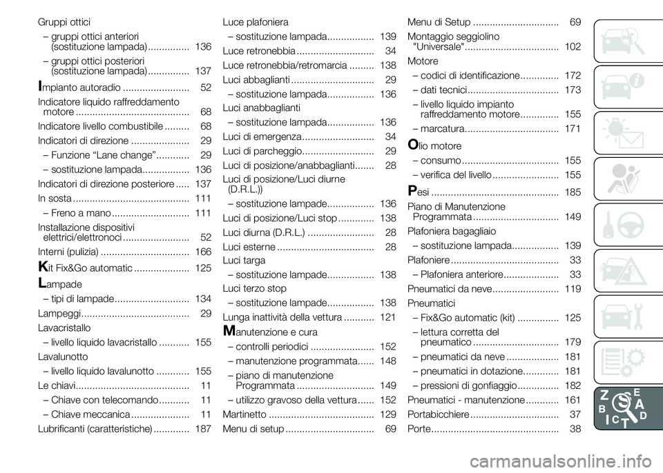 Alfa Romeo 4C 2015  Libretto Uso Manutenzione (in Italian) Gruppi ottici
– gruppi ottici anteriori
(sostituzione lampada) ............... 136
– gruppi ottici posteriori
(sostituzione lampada) ............... 137
Impianto autoradio ........................