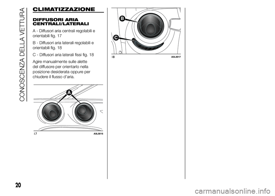 Alfa Romeo 4C 2015 Libretto Uso Manutenzione (in Italian) CLIMATIZZAZIONE
DIFFUSORI ARIA
CENTRALI/LATERALI
A - Diffusori aria centrali regolabili e
orientabili fig. 17
B - Diffusori aria laterali regolabili e
orientabili fig. 18
C - Diffusori aria laterali f Alfa Romeo 4C 2015 Libretto Uso Manutenzione (in Italian) CLIMATIZZAZIONE
DIFFUSORI ARIA
CENTRALI/LATERALI
A - Diffusori aria centrali regolabili e
orientabili fig. 17
B - Diffusori aria laterali regolabili e
orientabili fig. 18
C - Diffusori aria laterali f