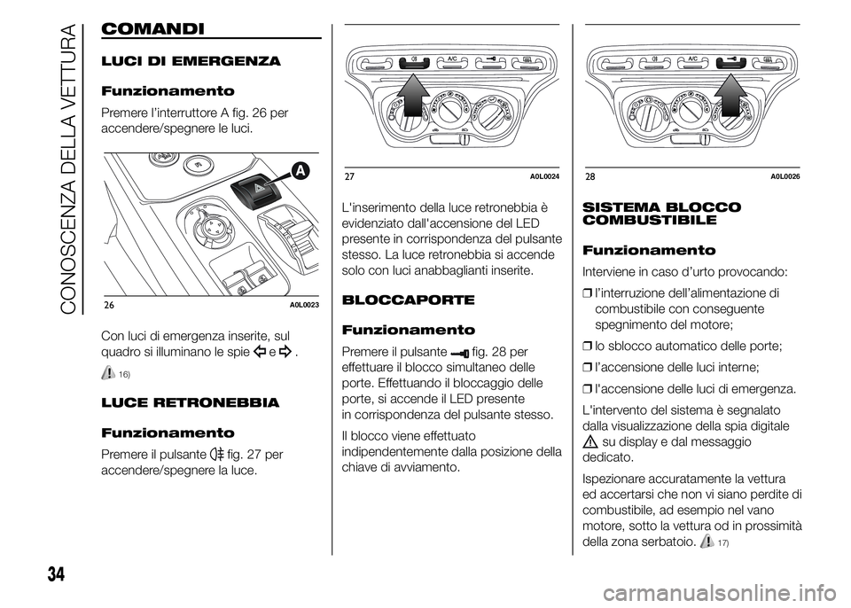 Alfa Romeo 4C 2015  Libretto Uso Manutenzione (in Italian) COMANDI
LUCI DI EMERGENZA
Funzionamento
Premere l’interruttore A fig. 26 per
accendere/spegnere le luci.
Con luci di emergenza inserite, sul
quadro si illuminano le spie
e.
16)
LUCE RETRONEBBIA
Funz